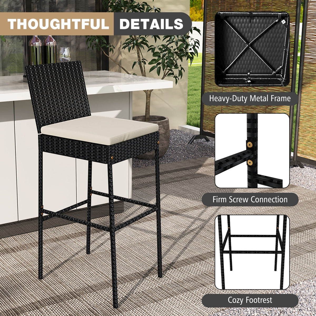 4-Piece Patio Wicker Bar Stools with Cushions and Footrests