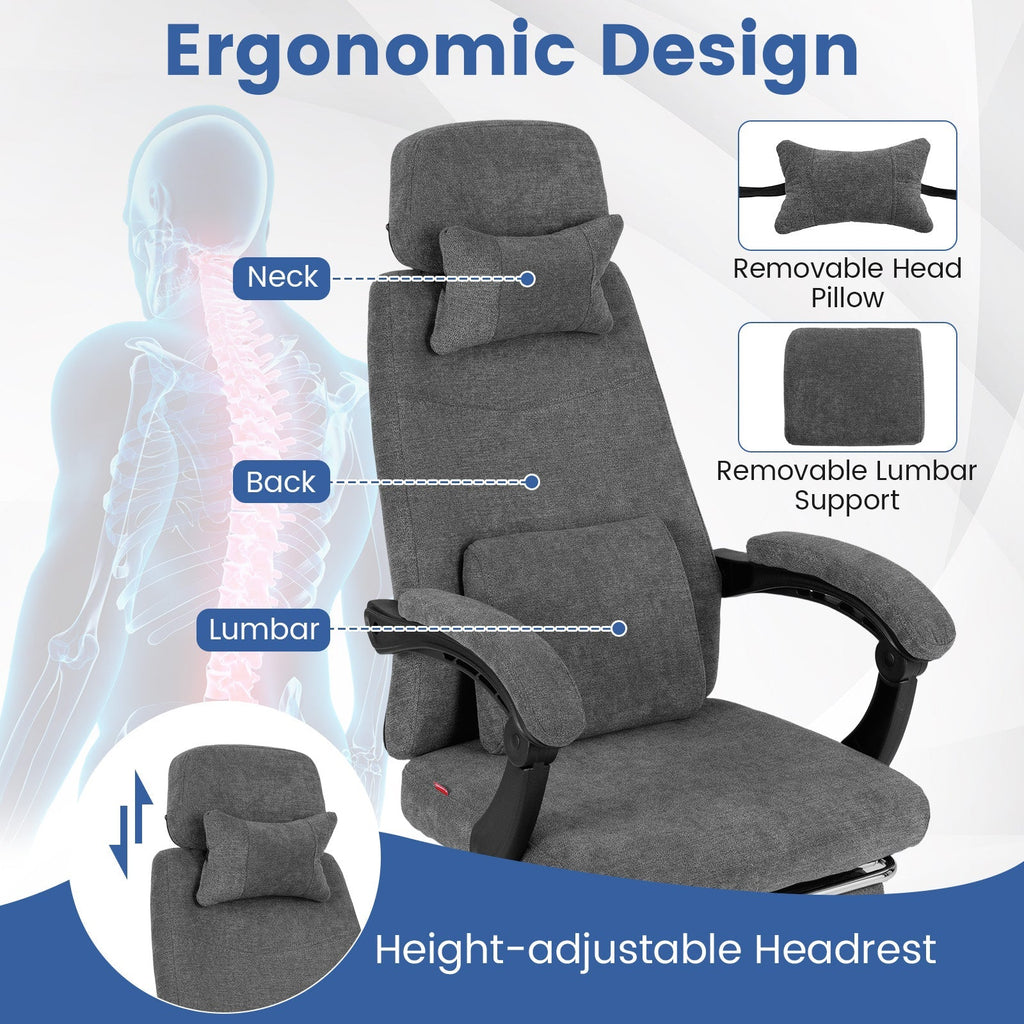 Reclining Office Chair Chenille Fabric Upholstered Computer Desk Chair-Gray