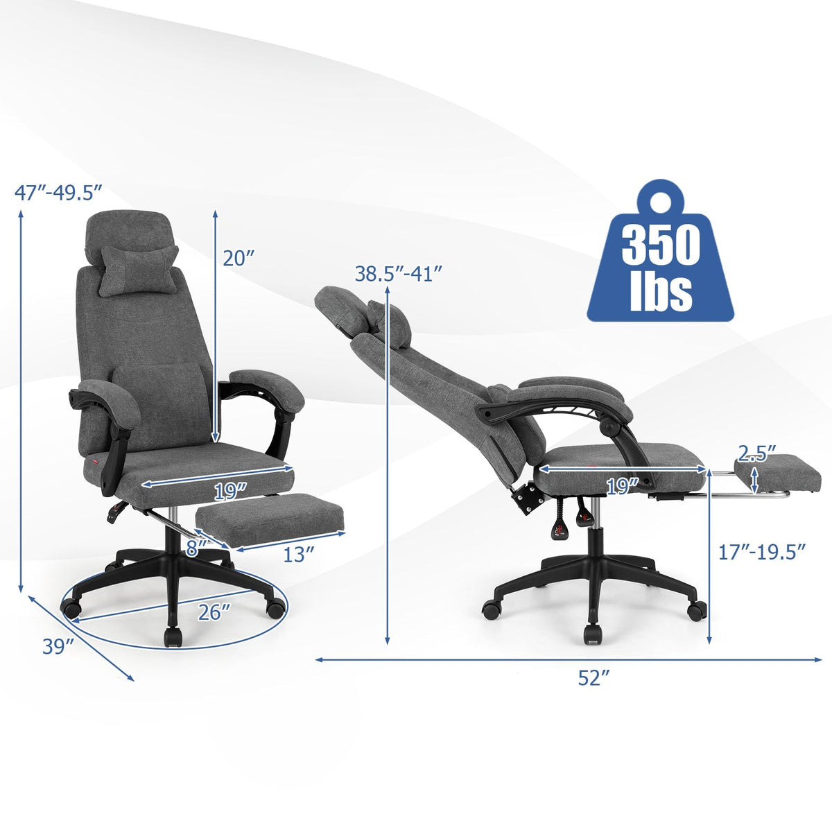 Reclining Office Chair Chenille Fabric Upholstered Computer Desk Chair-Gray