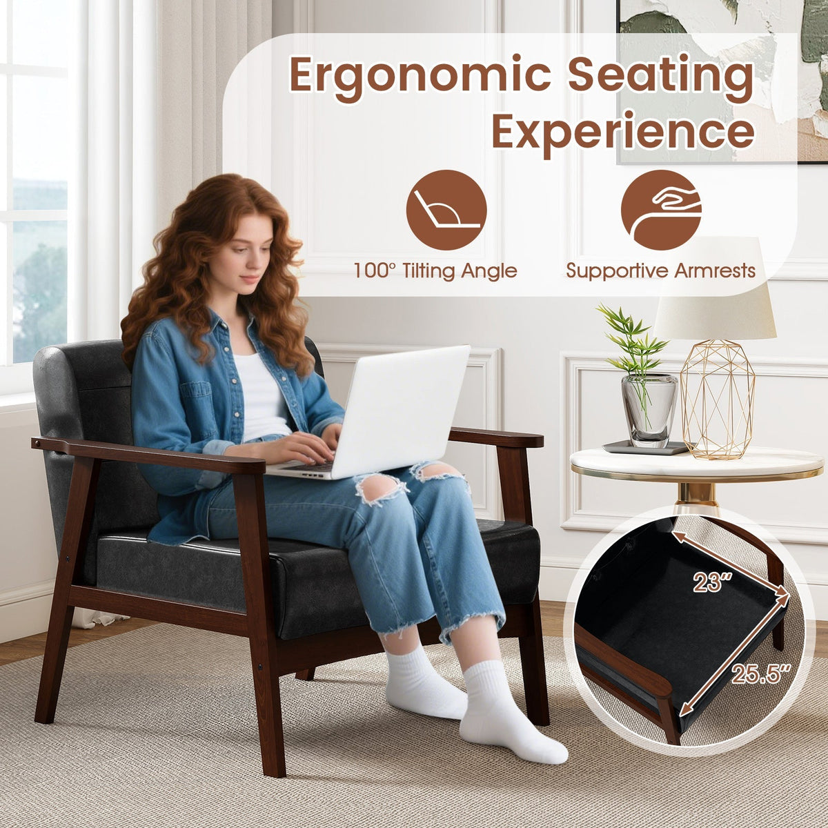 Rubber Wood Frame Accent Chair with Armrest for Living Room