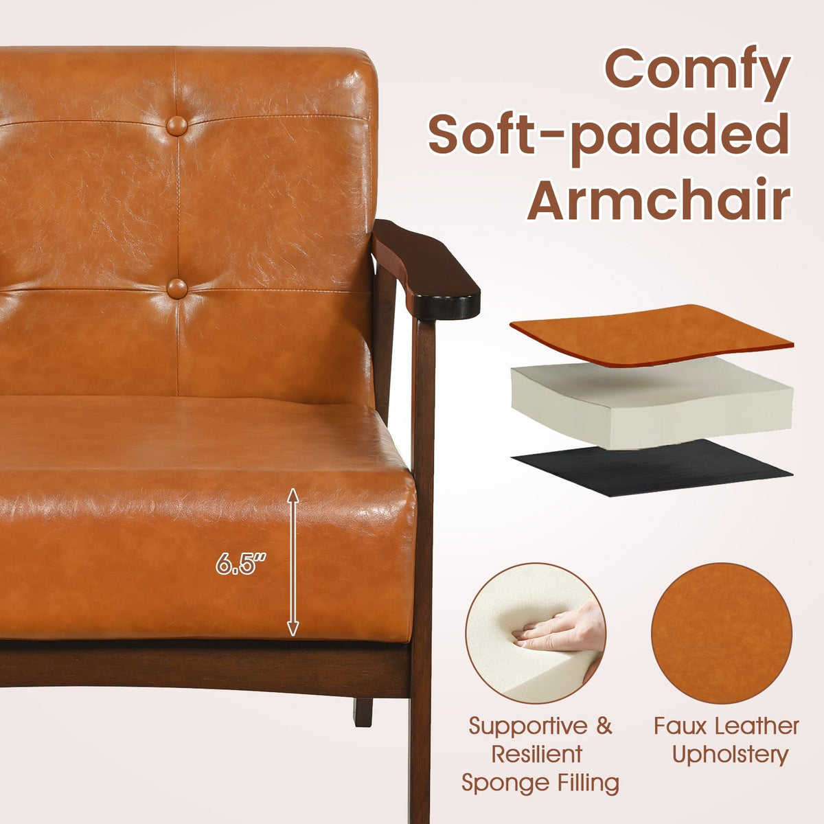 Rubber Wood Frame Accent Chair with Armrest for Living Room