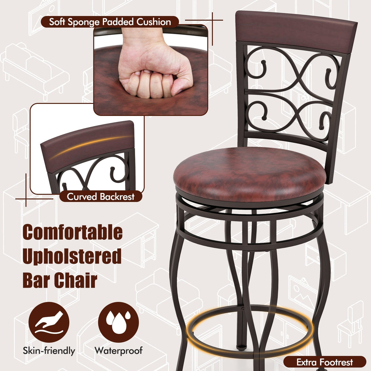 Set of 2 26 Inch Bar Stool with Backrest and Footrest