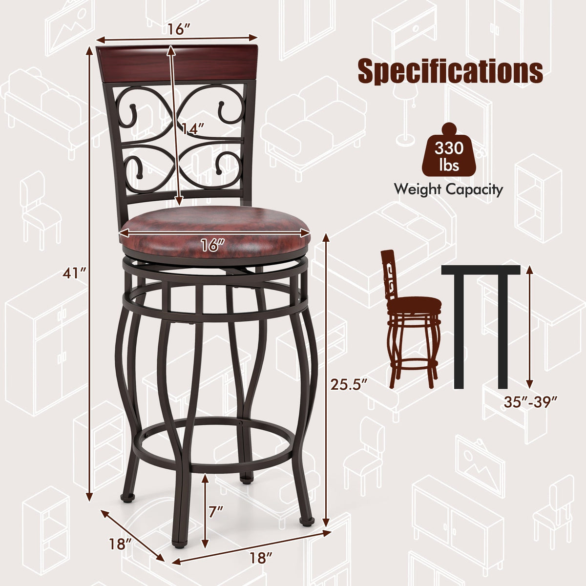 Set of 2 26 Inch Bar Stool with Backrest and Footrest