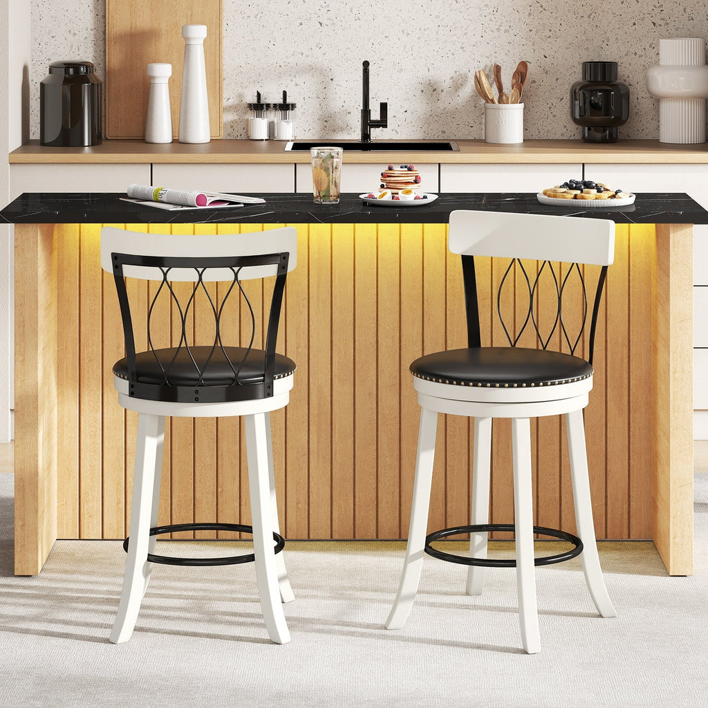 Set of 2 Bar Stools Swivel Bar Chairs with Footrest Rubber Wood Frame and Tufted Rivets