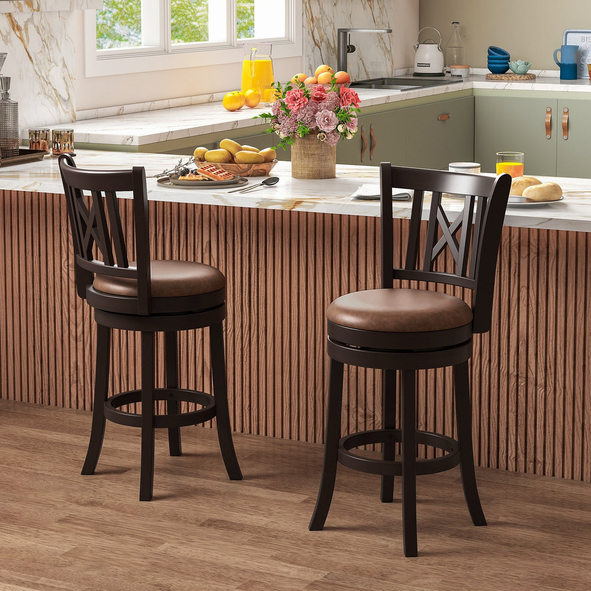 Swivel Bar Stools with Footrest and Hollowed Backrest - Set of 2