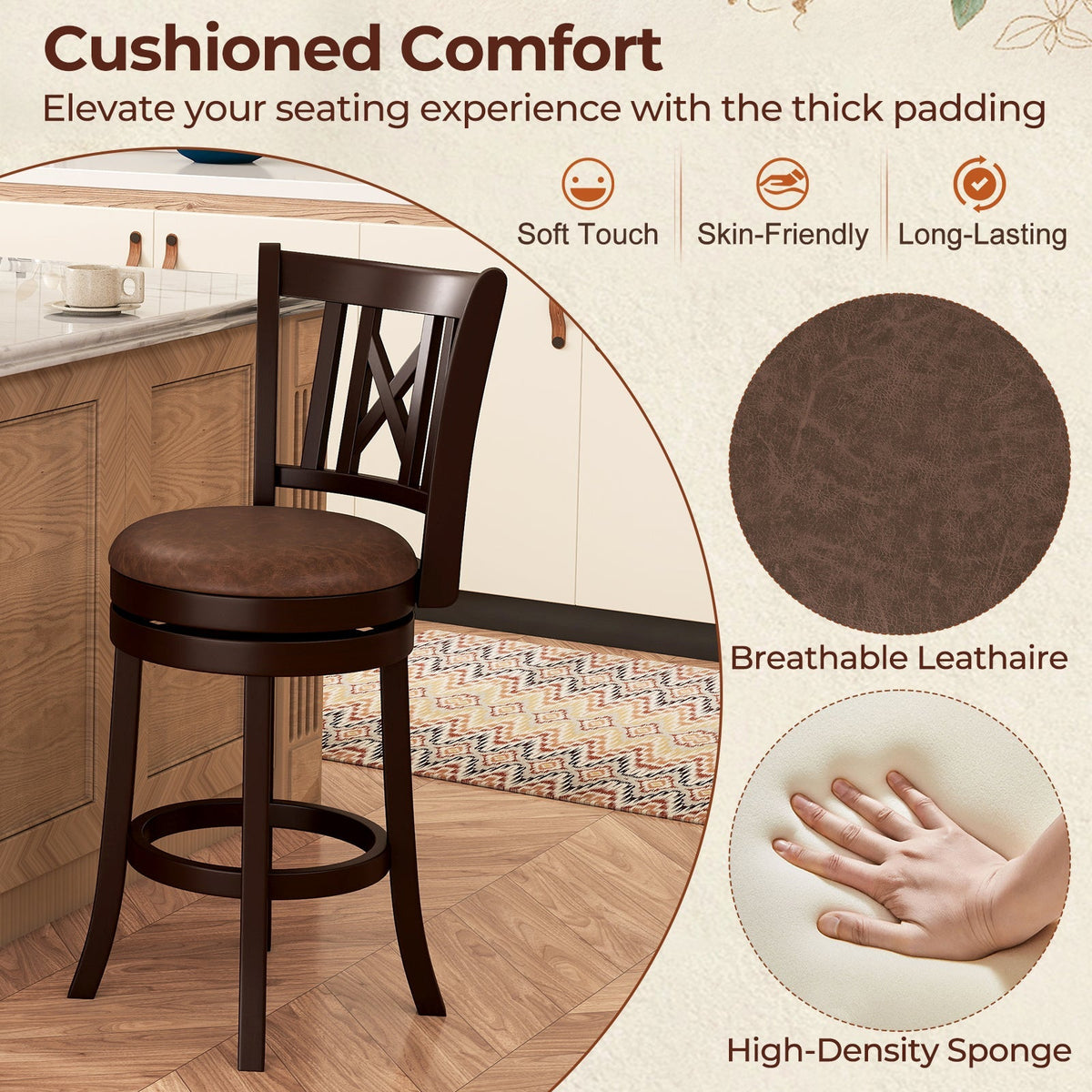 Swivel Bar Stools with Footrest and Hollowed Backrest - Set of 2