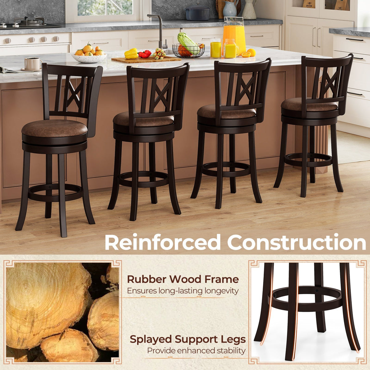 Swivel Bar Stools with Footrest and Hollowed Backrest - Set of 2
