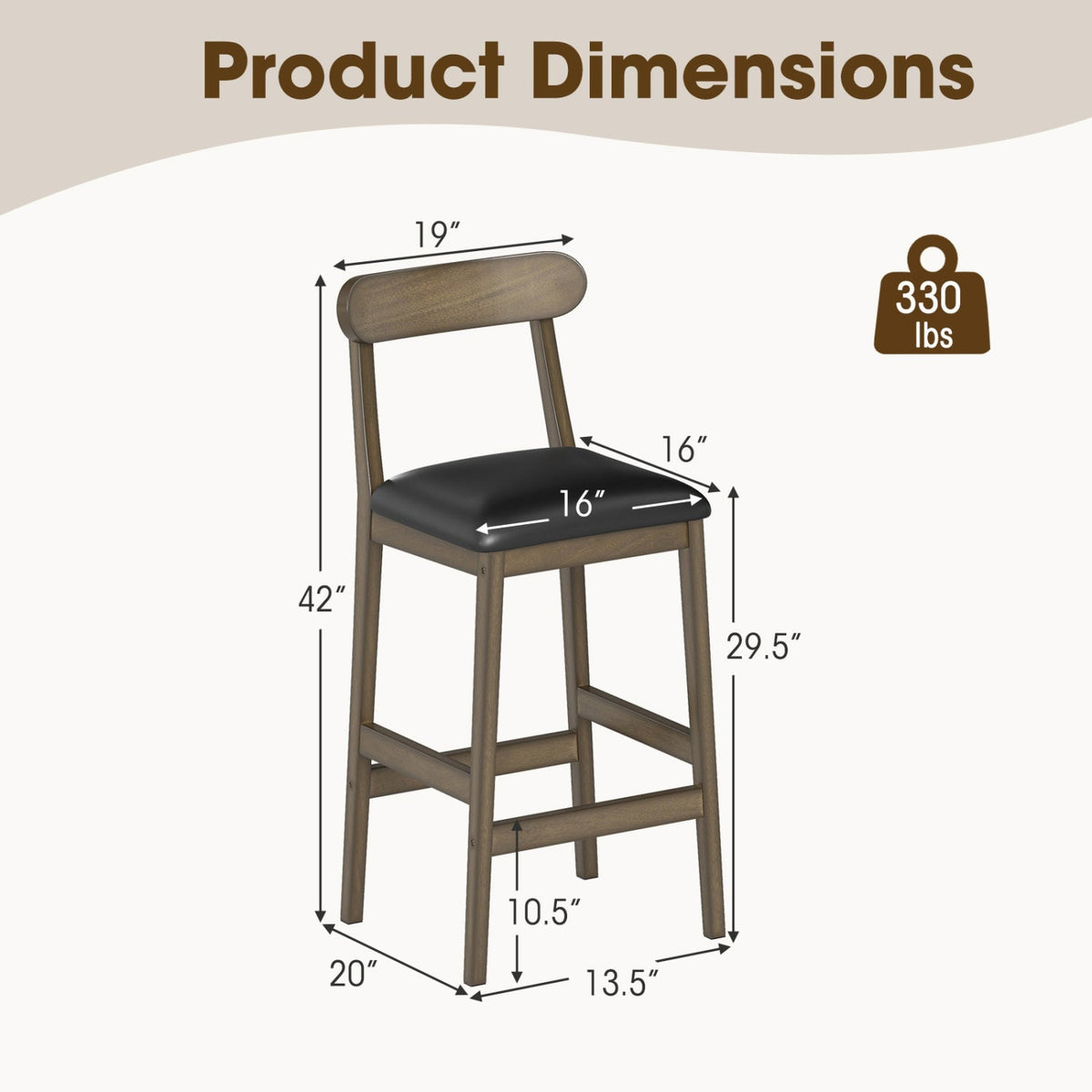 Set of 2 Bar Stools Upholstered with Rubber Wood Legs and Footrests-Oak