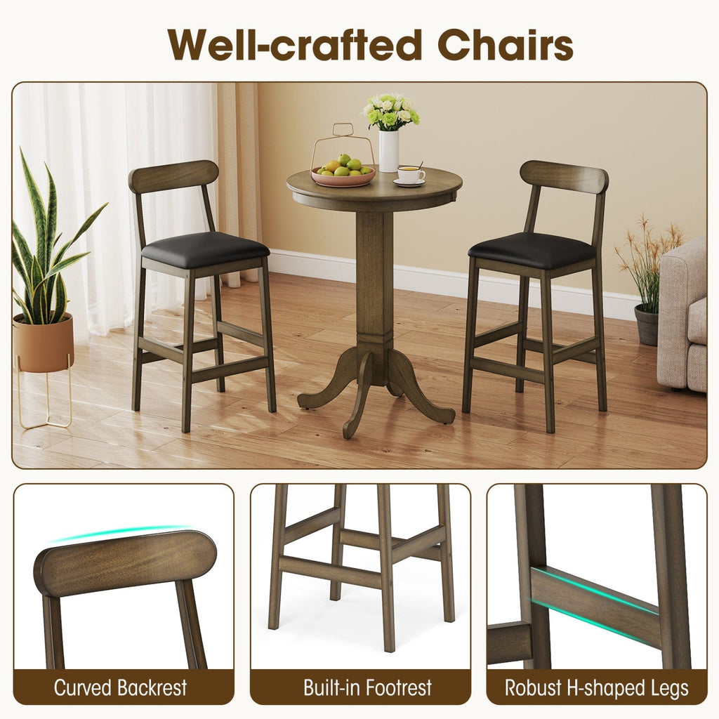 Set of 2 Bar Stools Upholstered with Rubber Wood Legs and Footrests-Oak