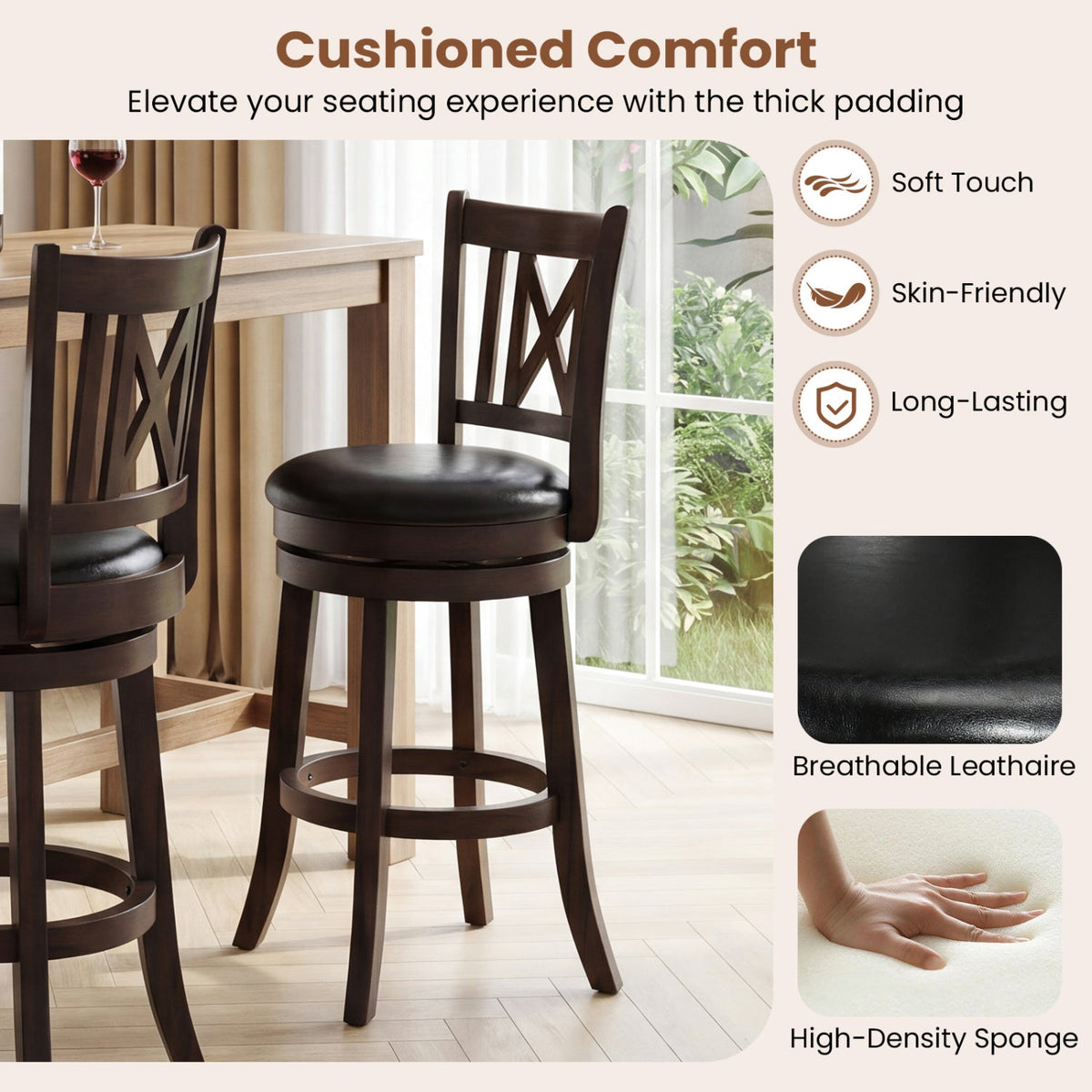 Swivel Bar Stools with Hollowed Backrest - Set of 2