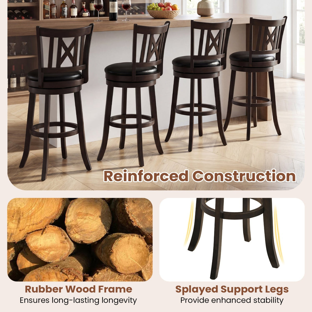 Swivel Bar Stools with Hollowed Backrest - Set of 2