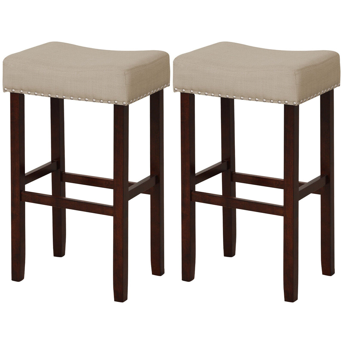 29 Inch Set of 2 Height Upholstered Bar Stool with Solid Rubber Wood Legs and Footrest-Gray