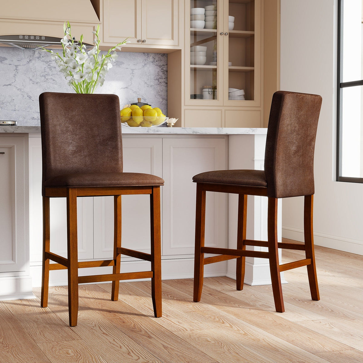 2-Piece Walnut Counter-Height Bar Stools with Rubberwood Legs