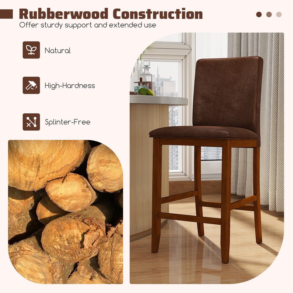 2-Piece Walnut Counter-Height Bar Stools with Rubberwood Legs
