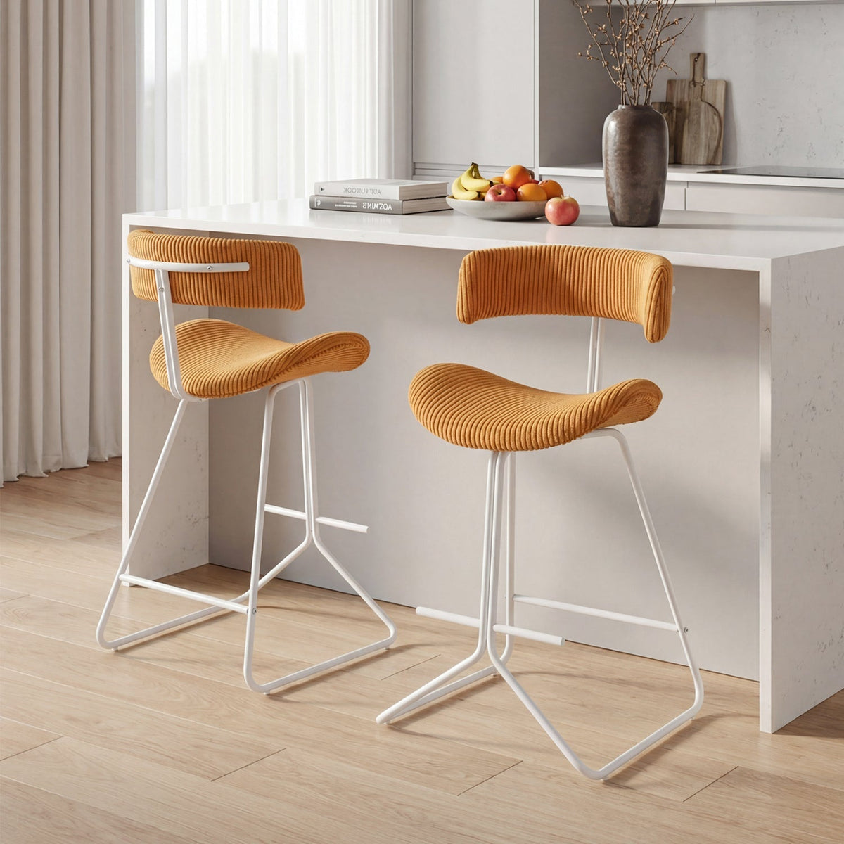 2-Piece Armless Counter-Height Bar Stools with Corduroy Seats