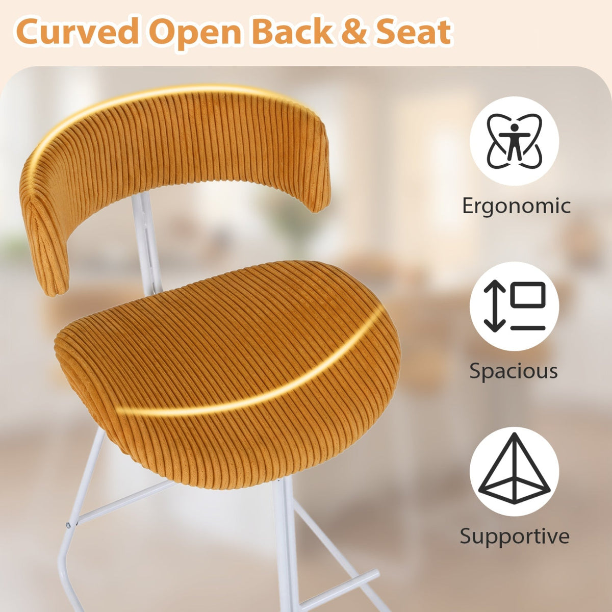 2-Piece Armless Counter-Height Bar Stools with Corduroy Seats