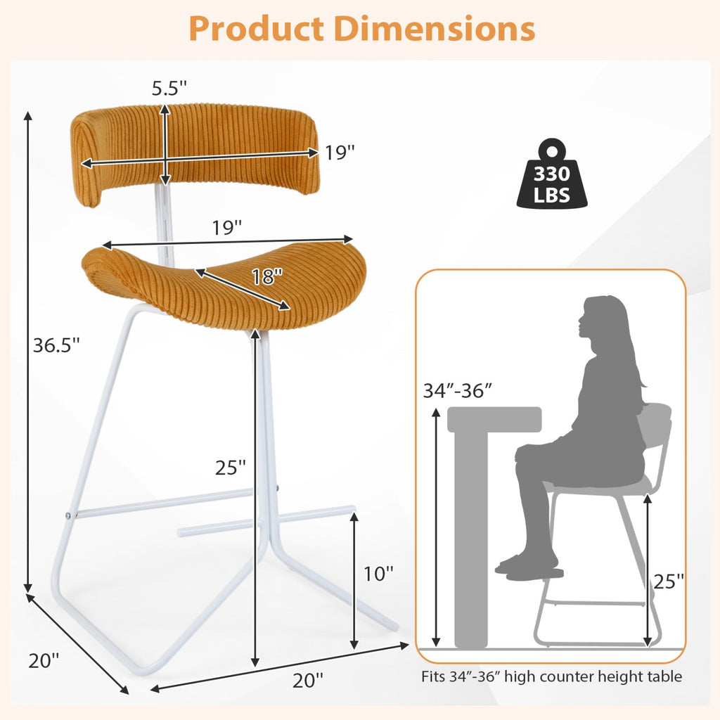 2-Piece Armless Counter-Height Bar Stools with Corduroy Seats