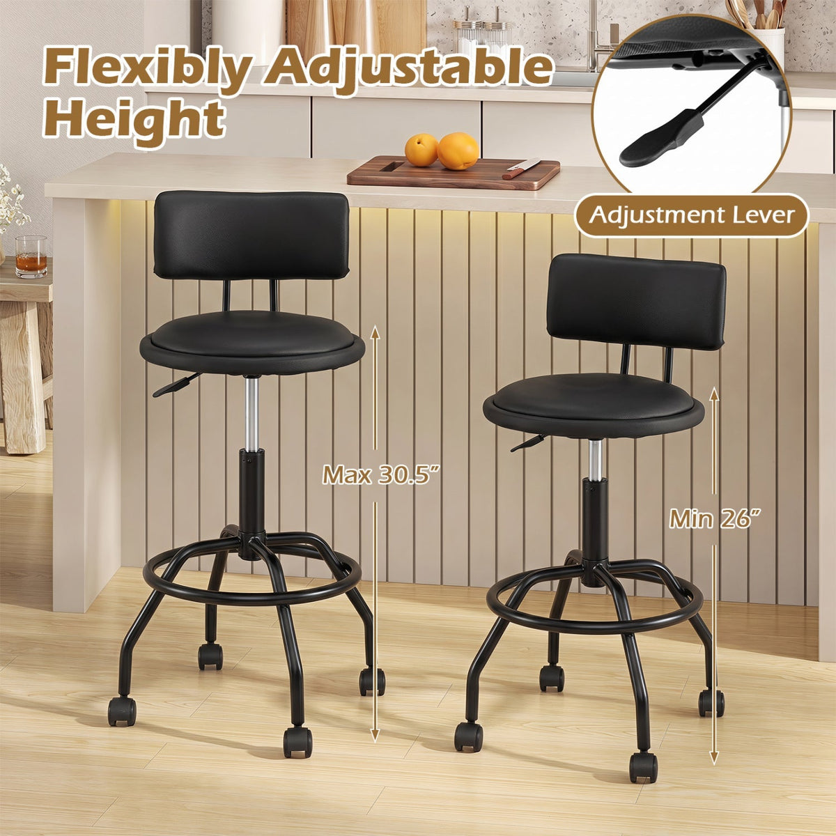 Adjustable-Height Swivel Bar Stools with Backrest