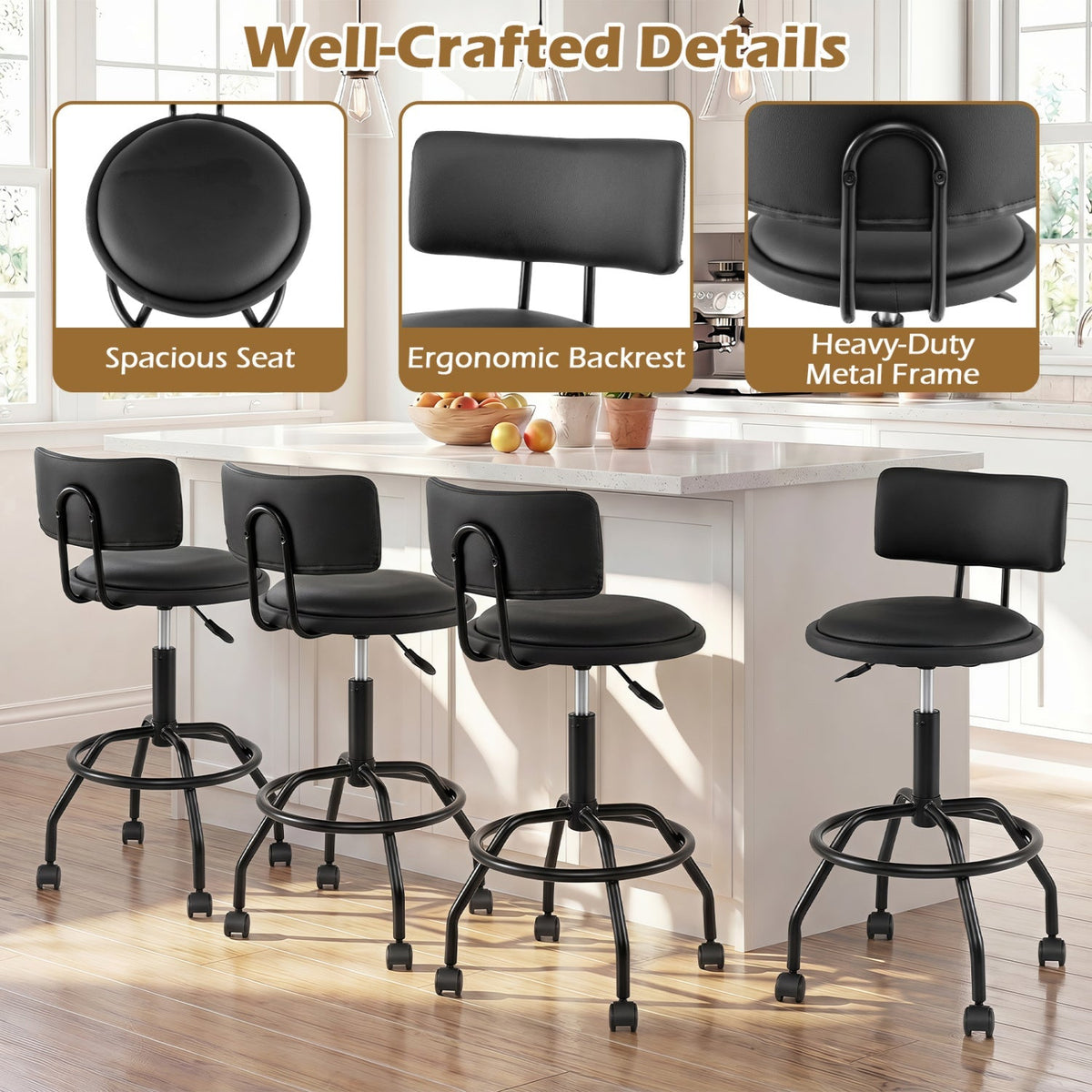 Adjustable-Height Swivel Bar Stools with Backrest