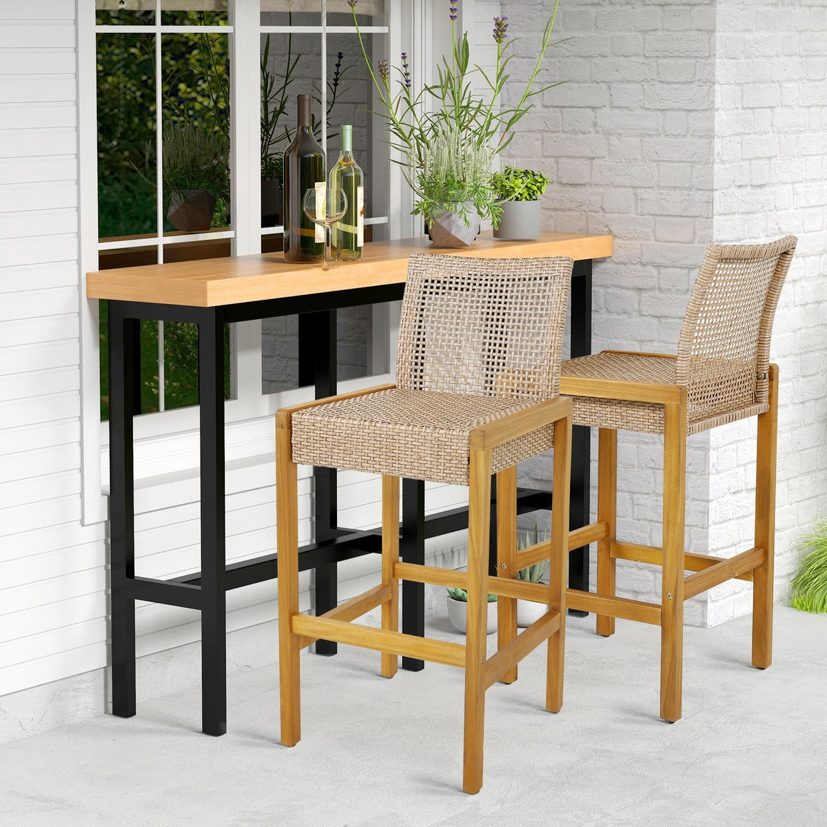 2-Piece Rattan Patio Bar Stools with Acacia Wood Frames