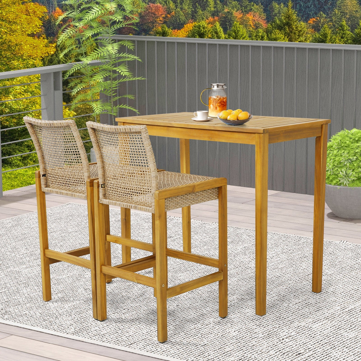 2-Piece Rattan Patio Bar Stools with Acacia Wood Frames