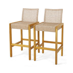 2-Piece Rattan Patio Bar Stools with Acacia Wood Frames