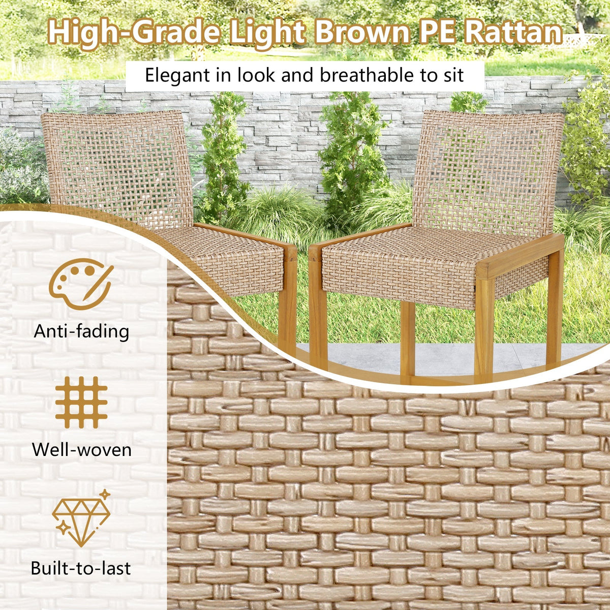 2-Piece Rattan Patio Bar Stools with Acacia Wood Frames