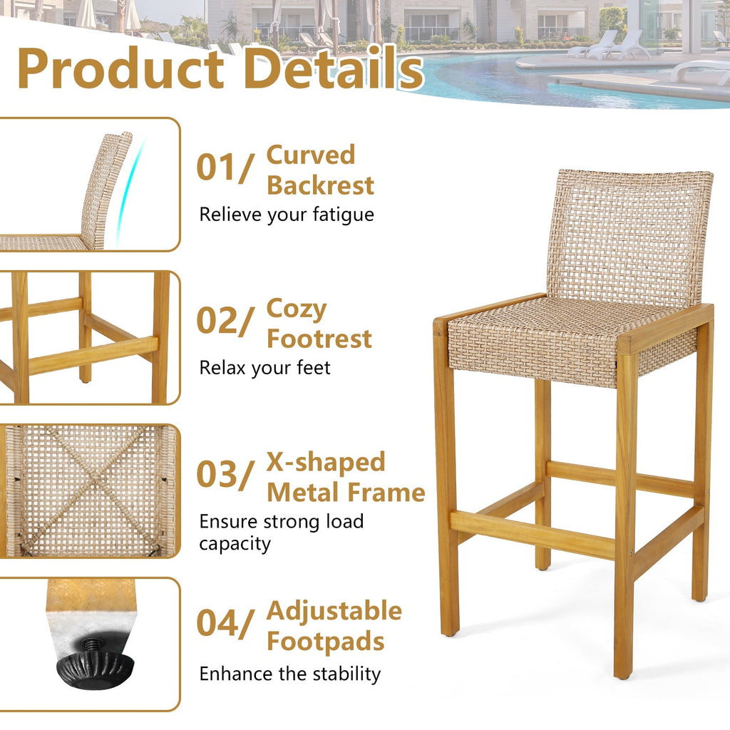 2-Piece Rattan Patio Bar Stools with Acacia Wood Frames