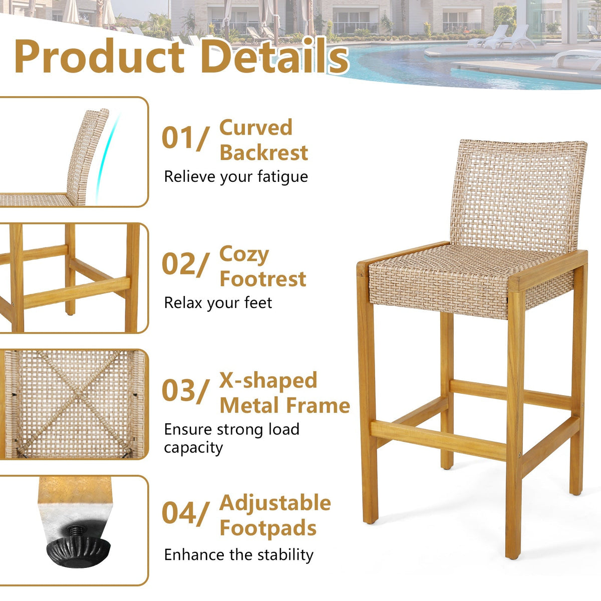 2-Piece Rattan Patio Bar Stools with Acacia Wood Frames