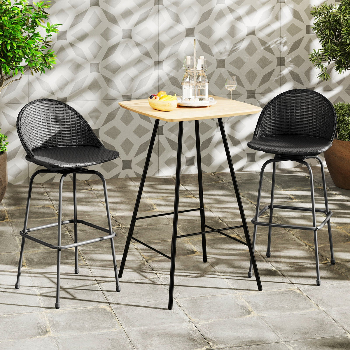 2-Piece Rattan Swivel Bar Stools with Curved Backrests