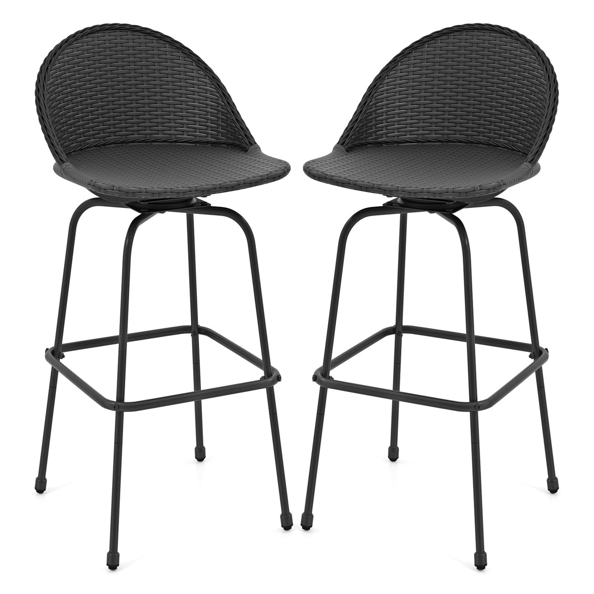 2-Piece Rattan Swivel Bar Stools with Curved Backrests