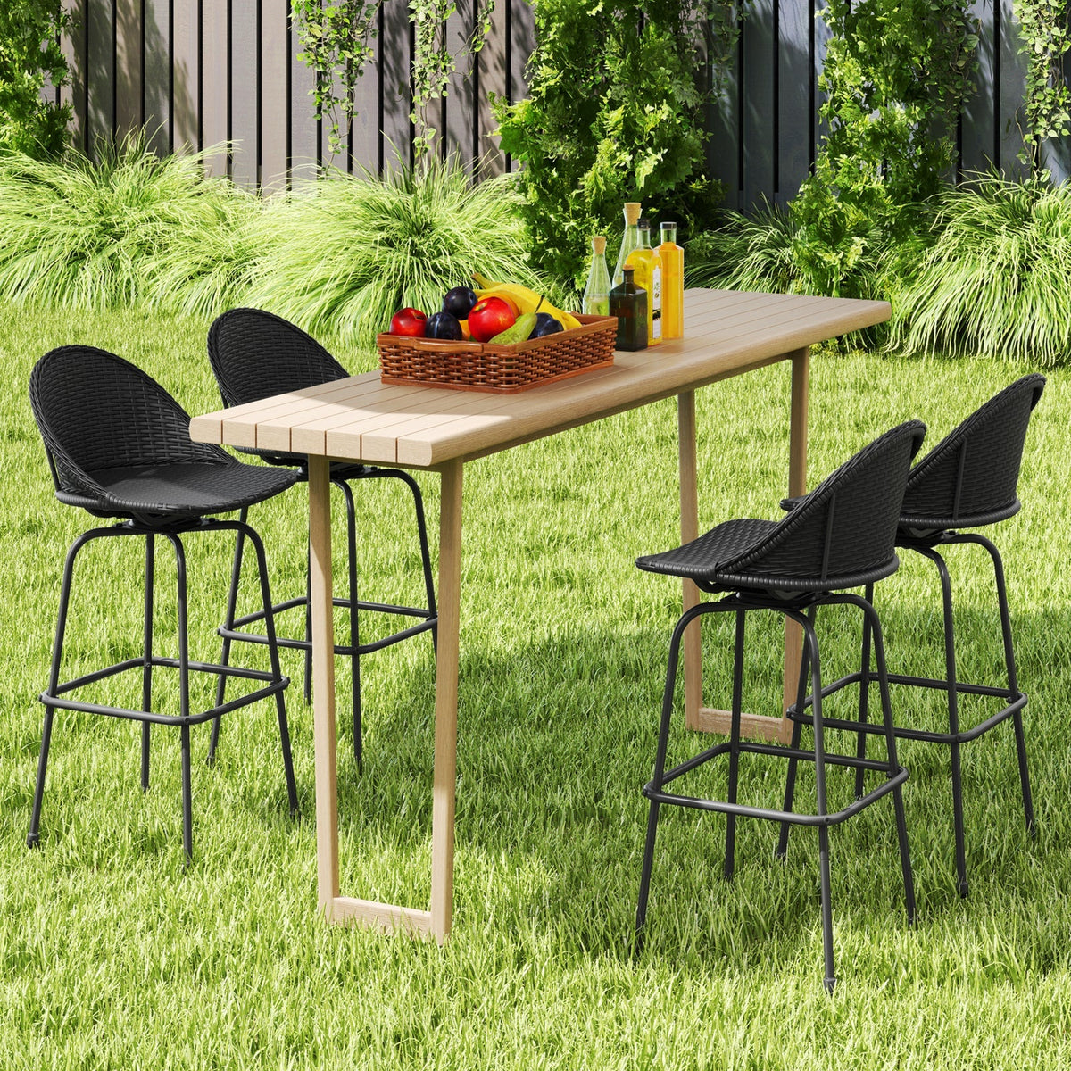 2-Piece Rattan Swivel Bar Stools with Curved Backrests
