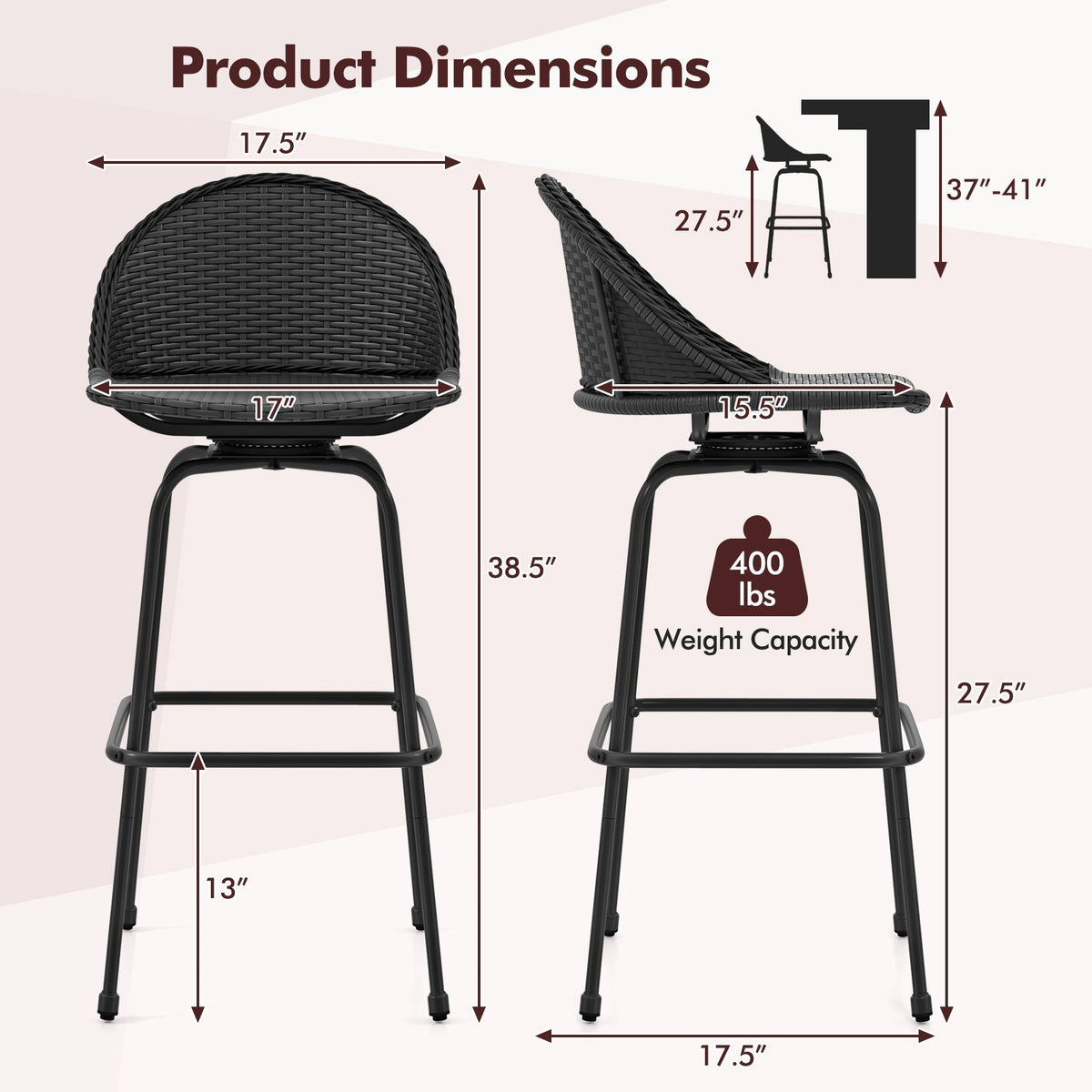 2-Piece Rattan Swivel Bar Stools with Curved Backrests