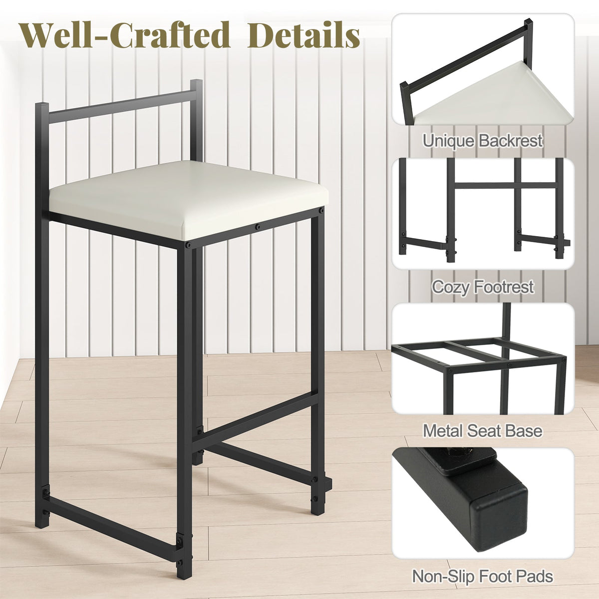Set of 2 Stackable Counter Height Bar Stools PU Leather Upholstered with Footrest-Black