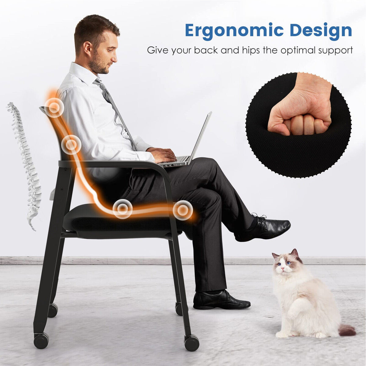 Set of 2 Stackable Rolling Office Chairs with Mesh Backrest