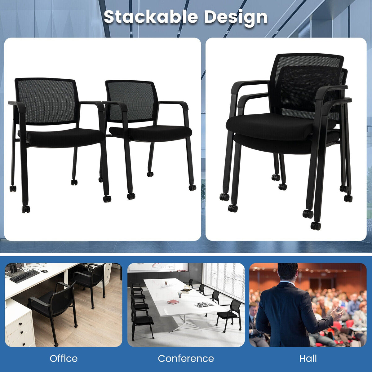 Set of 2 Stackable Rolling Office Chairs with Mesh Backrest