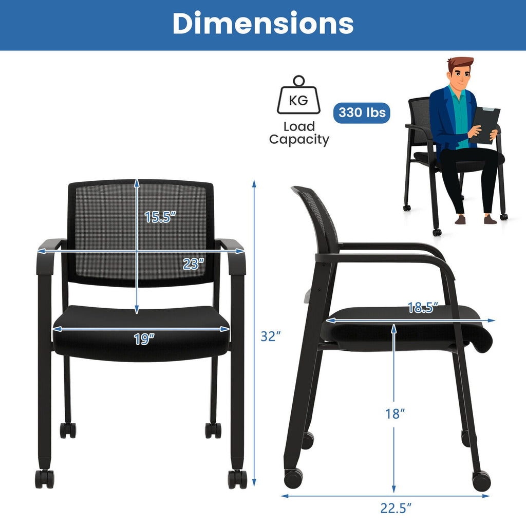 Set of 2 Stackable Rolling Office Chairs with Mesh Backrest