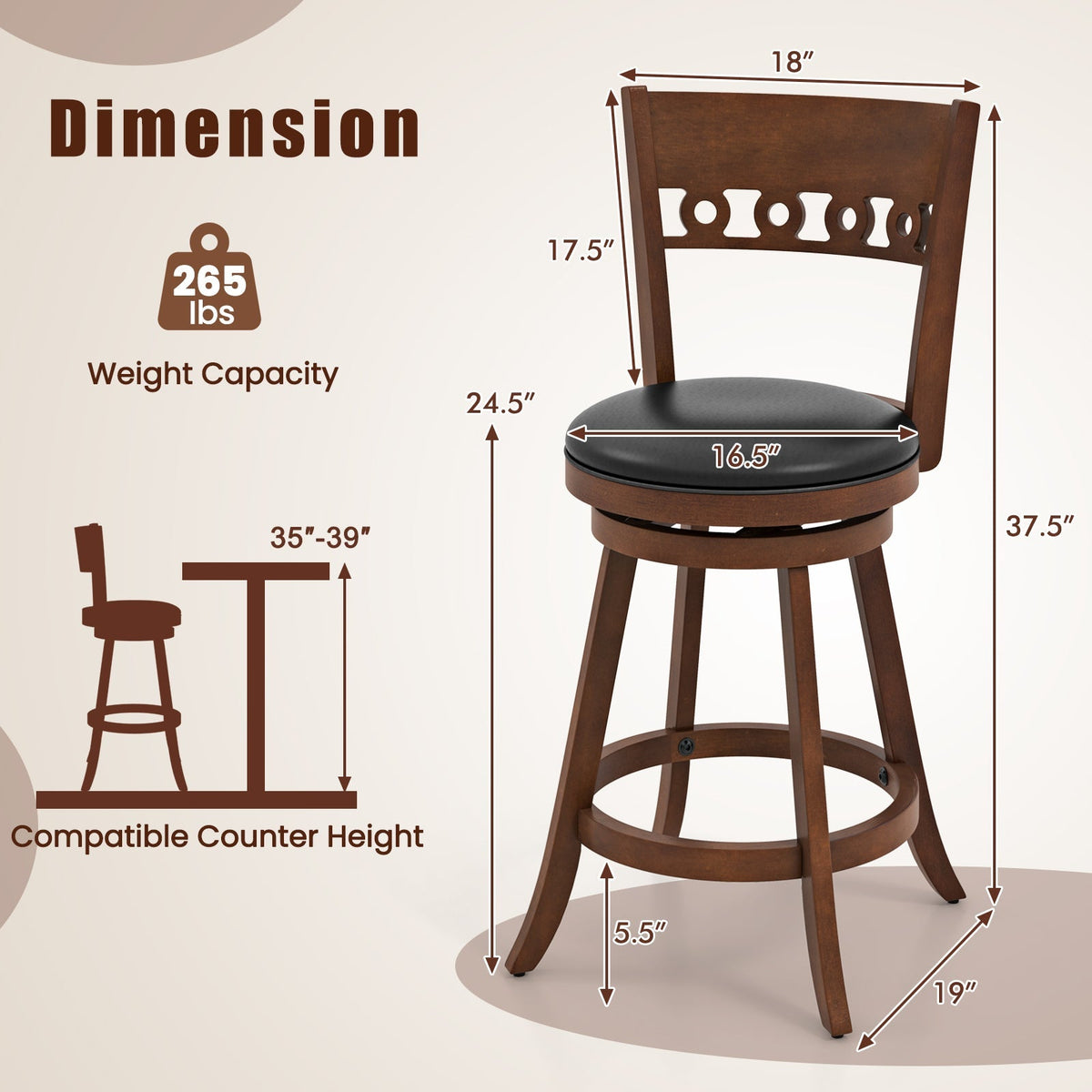 Swivel Bar Stools with Rubber Wood Frame - Set of 2