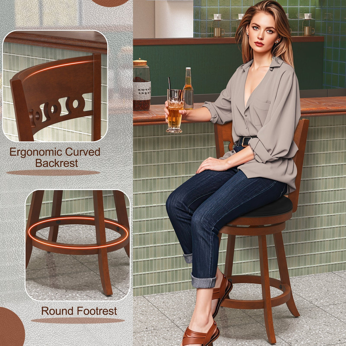Swivel Bar Stools with Rubber Wood Frame - Set of 2