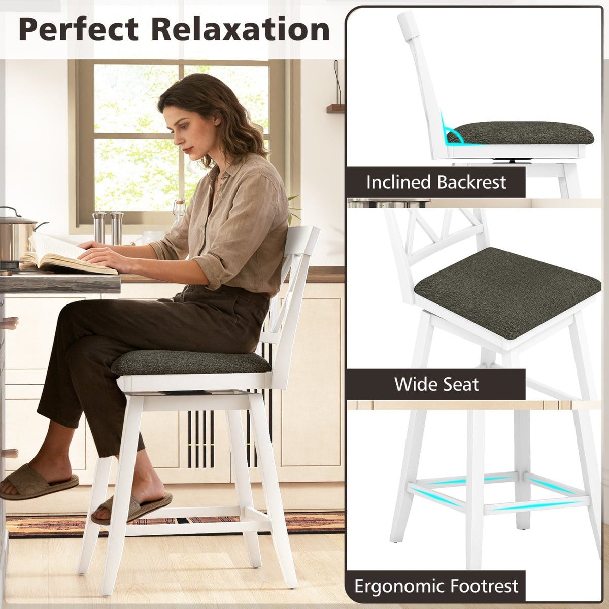 2-Piece Swivel Bar Stools with Backrests and Upholstered Cushions