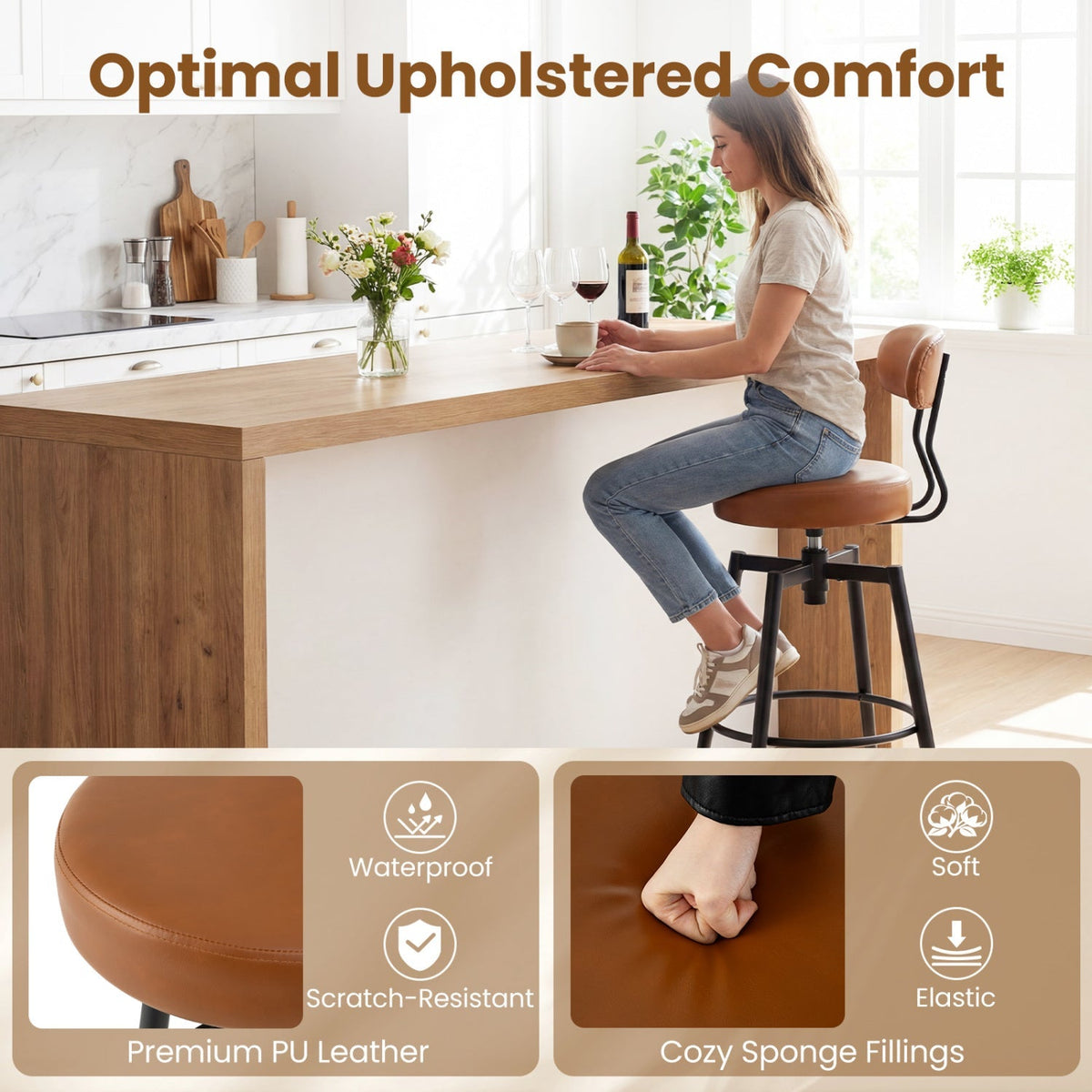 2-Piece Swivel Bar Stools with Faux Leather Seats and Backrests