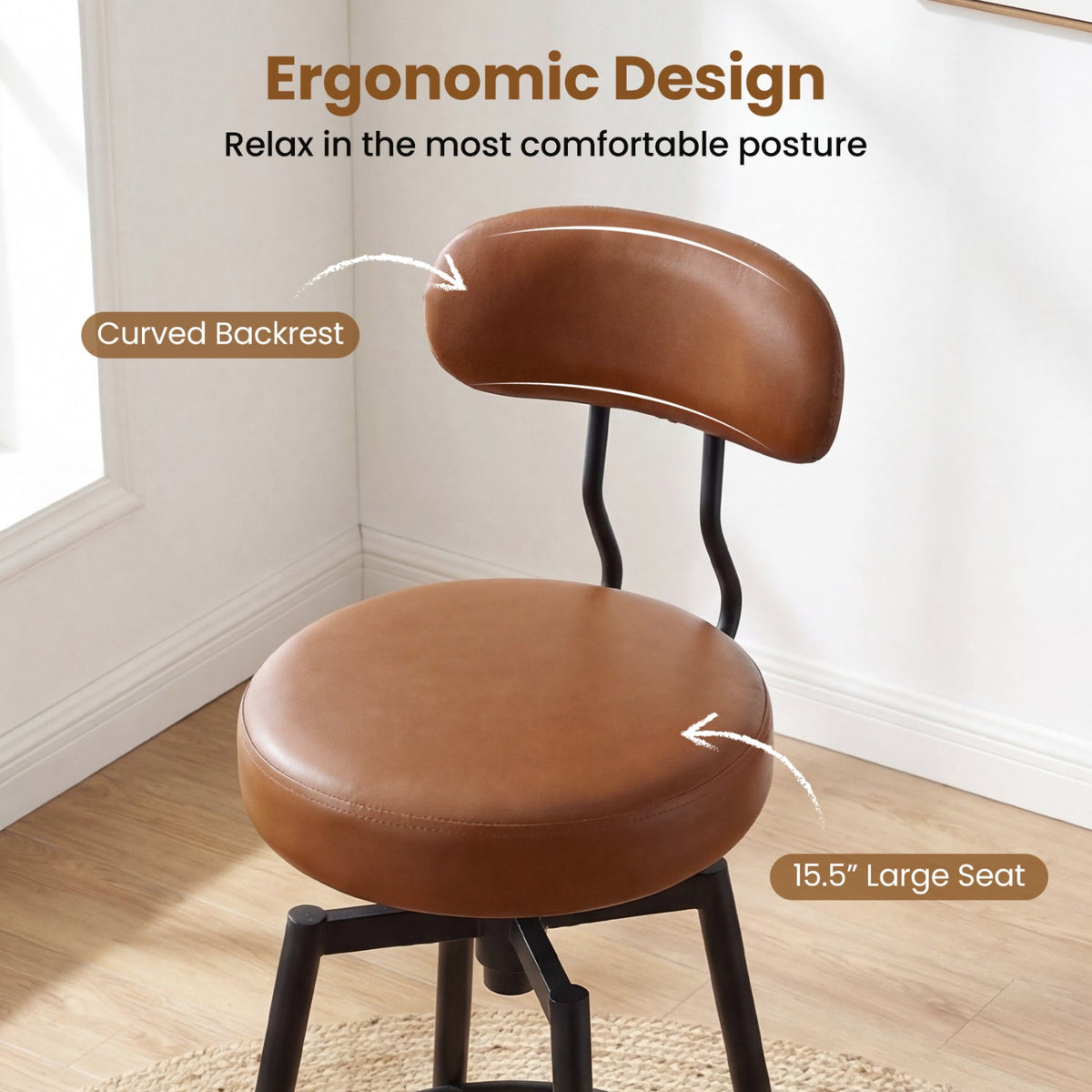 2-Piece Swivel Bar Stools with Faux Leather Seats and Backrests