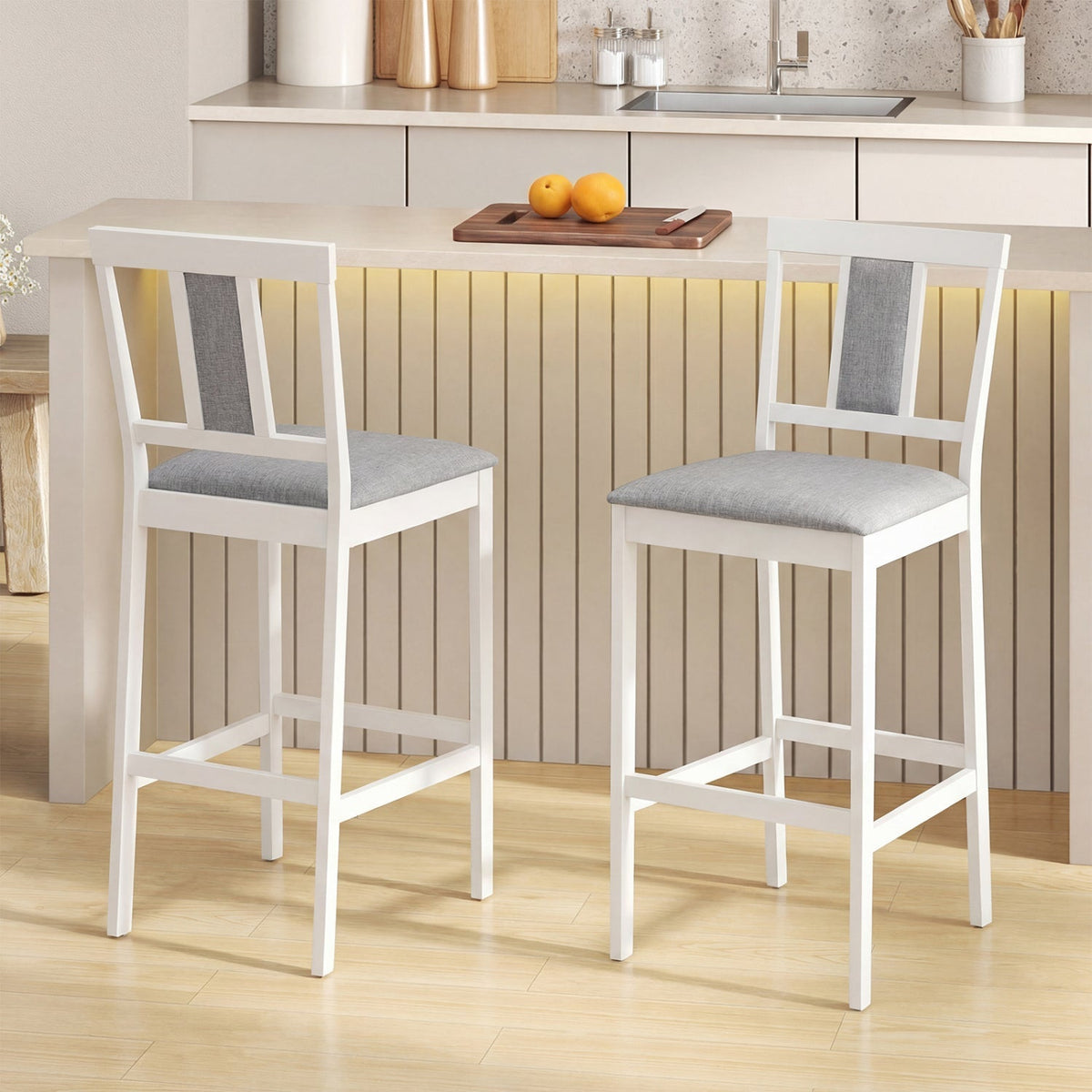 2-Piece Upholstered Bar Stools with Rubberwood Frames