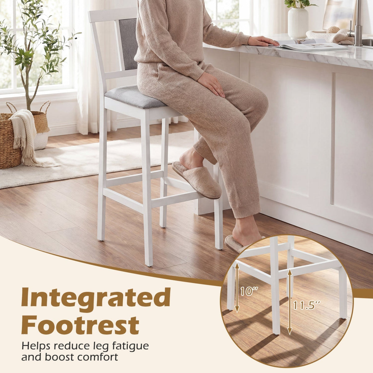 2-Piece Upholstered Bar Stools with Rubberwood Frames