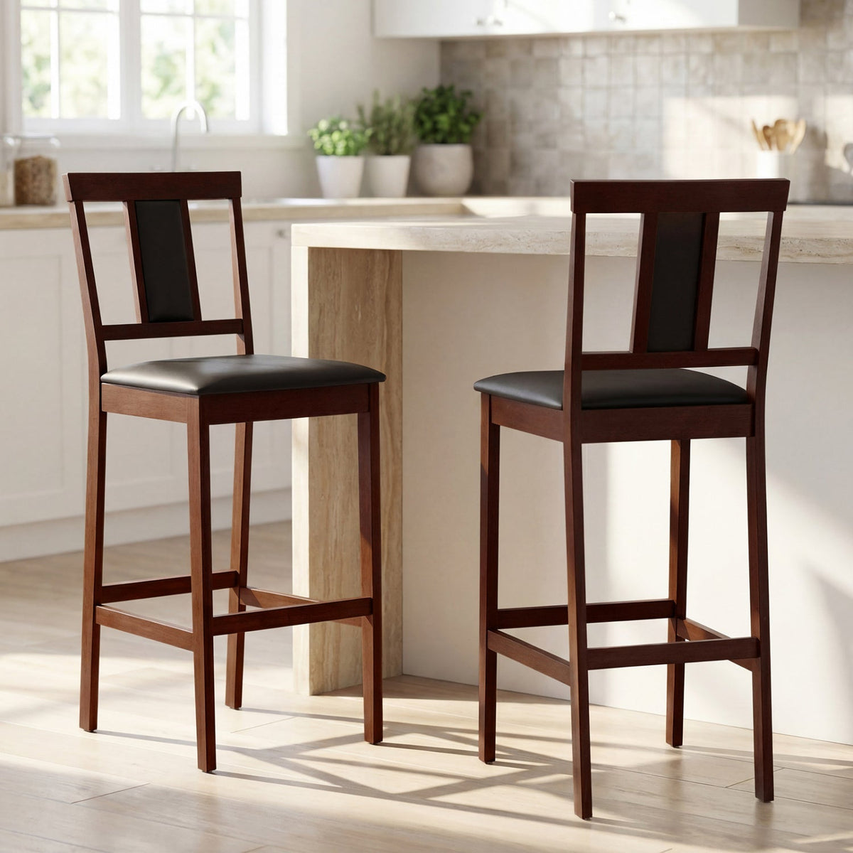 2-Piece Upholstered Bar Stools with Rubberwood Frames
