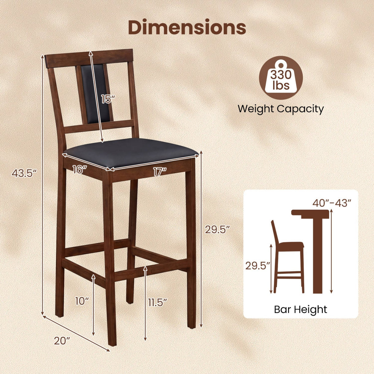 2-Piece Upholstered Bar Stools with Rubberwood Frames
