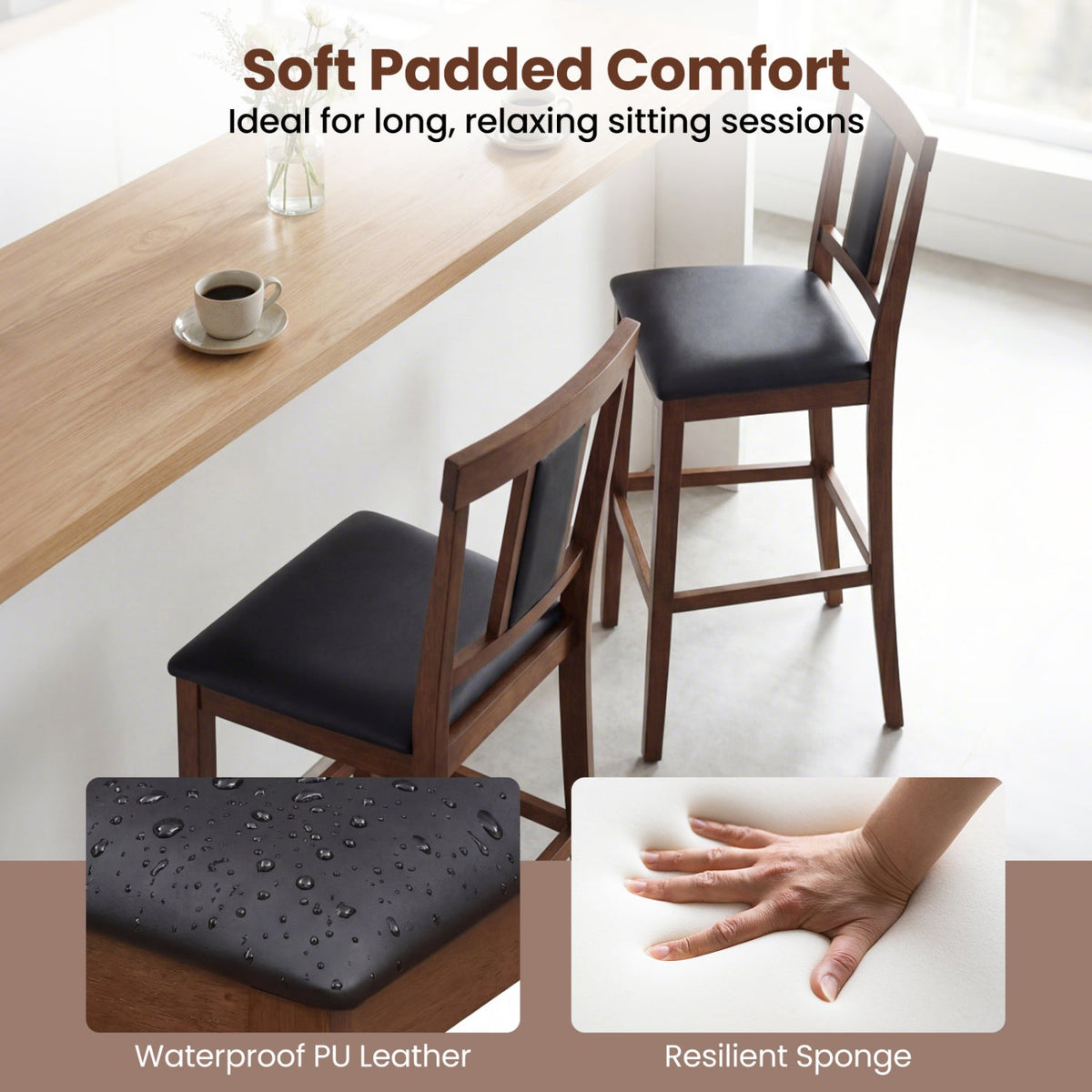 2-Piece Upholstered Bar Stools with Rubberwood Frames