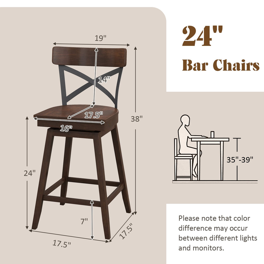 Set of 2 Wooden Swivel Bar Stools with Open X Back and Footrest-24 inches