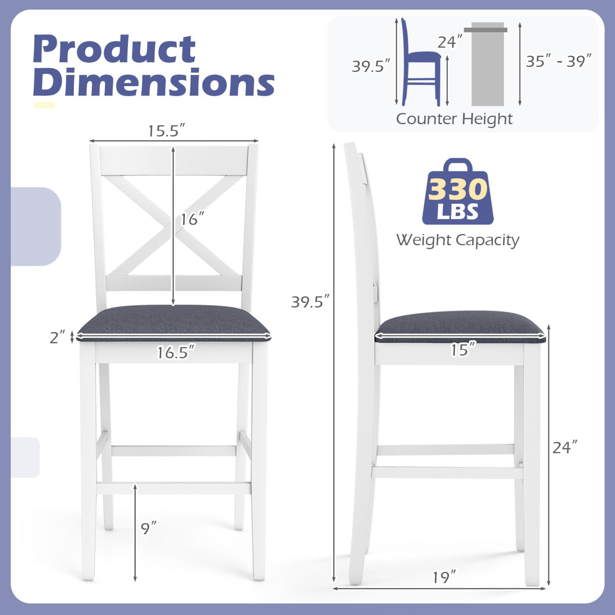 Set of 2 X-Back Bar Stools with Upholstered Cushioned Seats