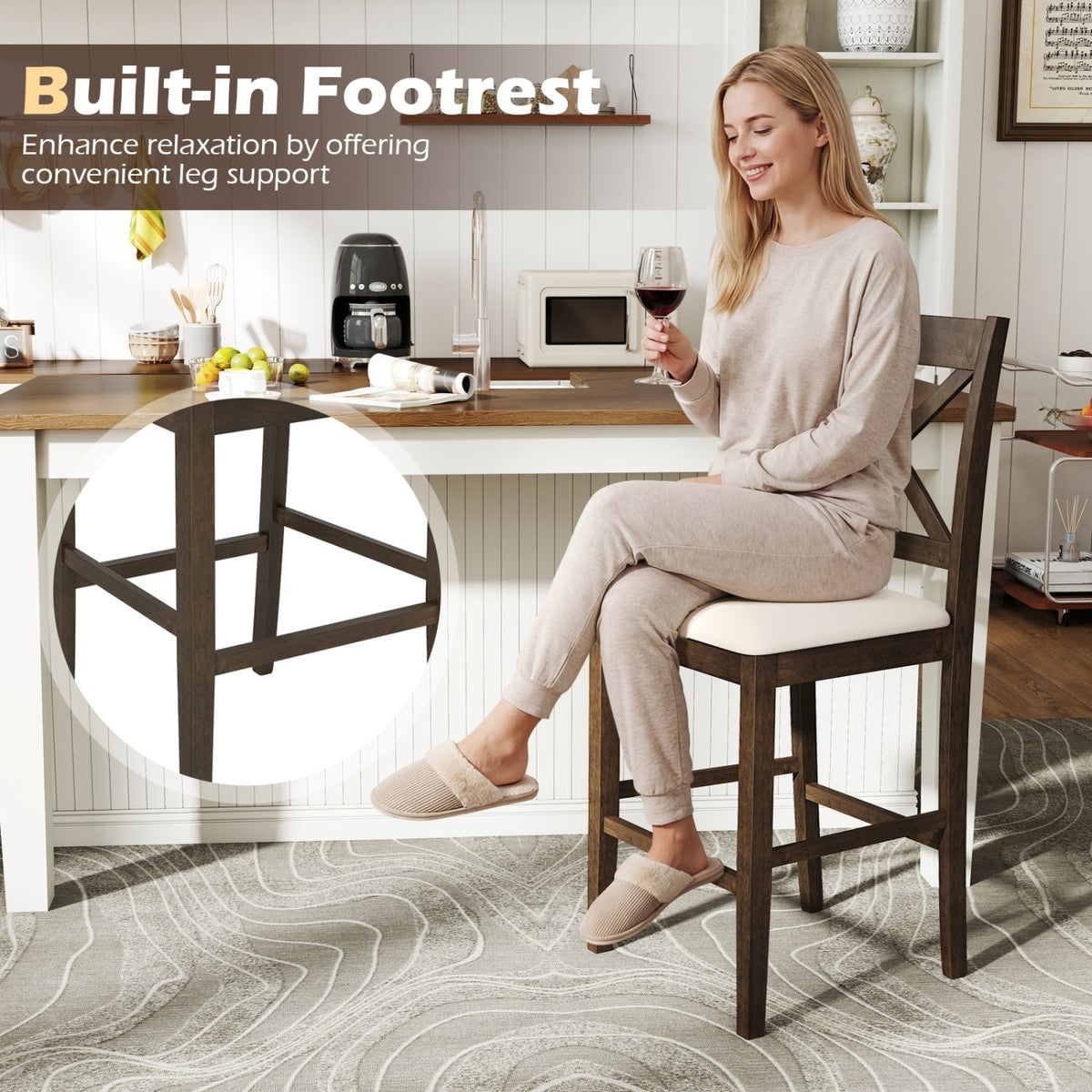Set of 2 X-Back Bar Stools with Upholstered Cushioned Seats